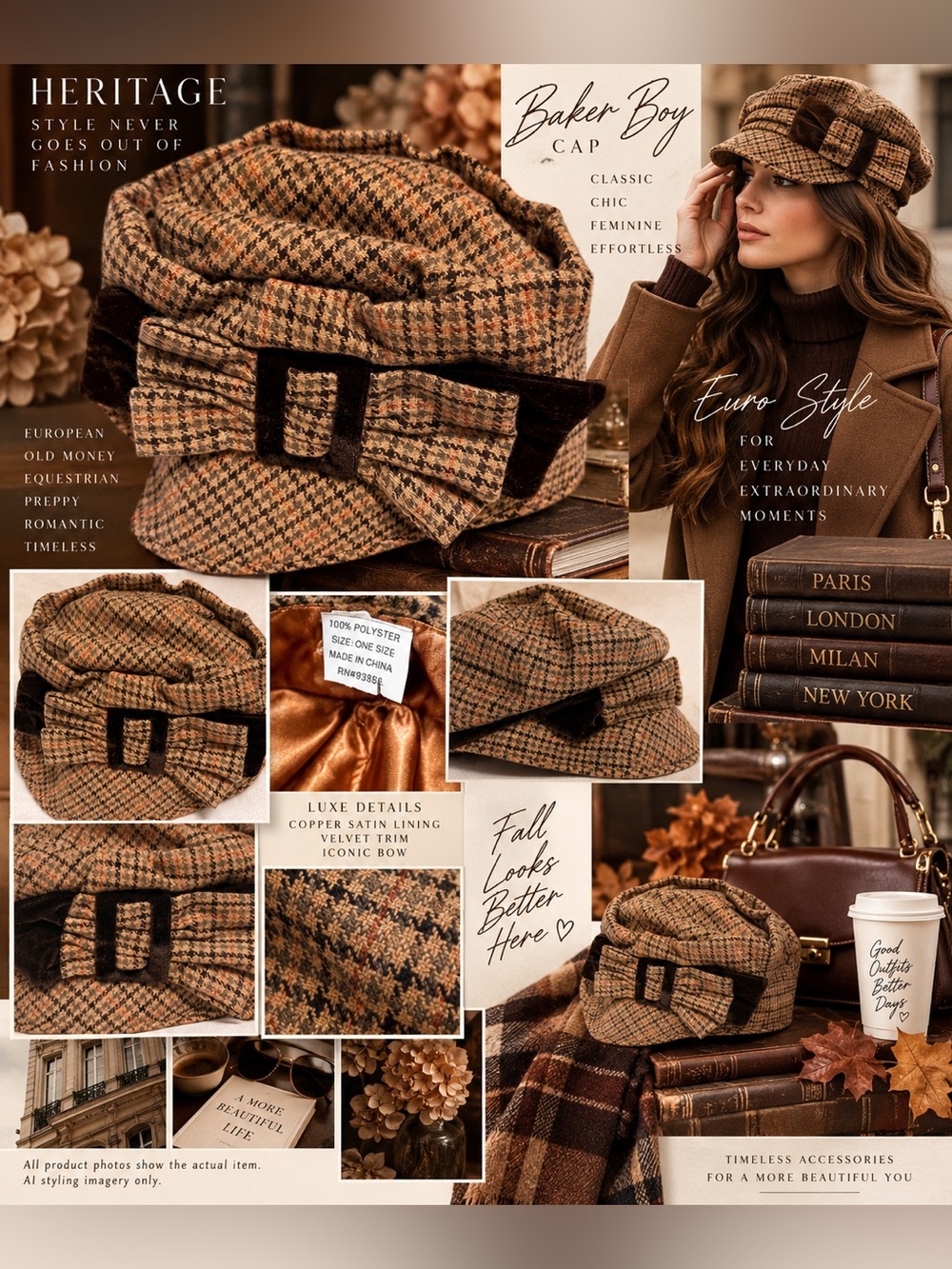 Vtg Women's Houndstooth Newsboy Cap Brown/Black One Size Polyester Lined Bow
